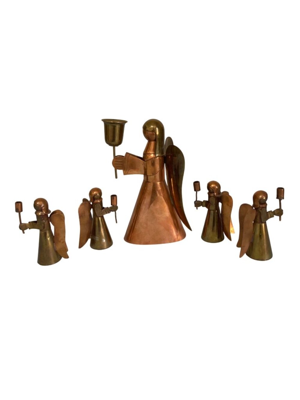 Vintage Christmas Mid Century Modernist Copper And Brass Angel Candle Holders